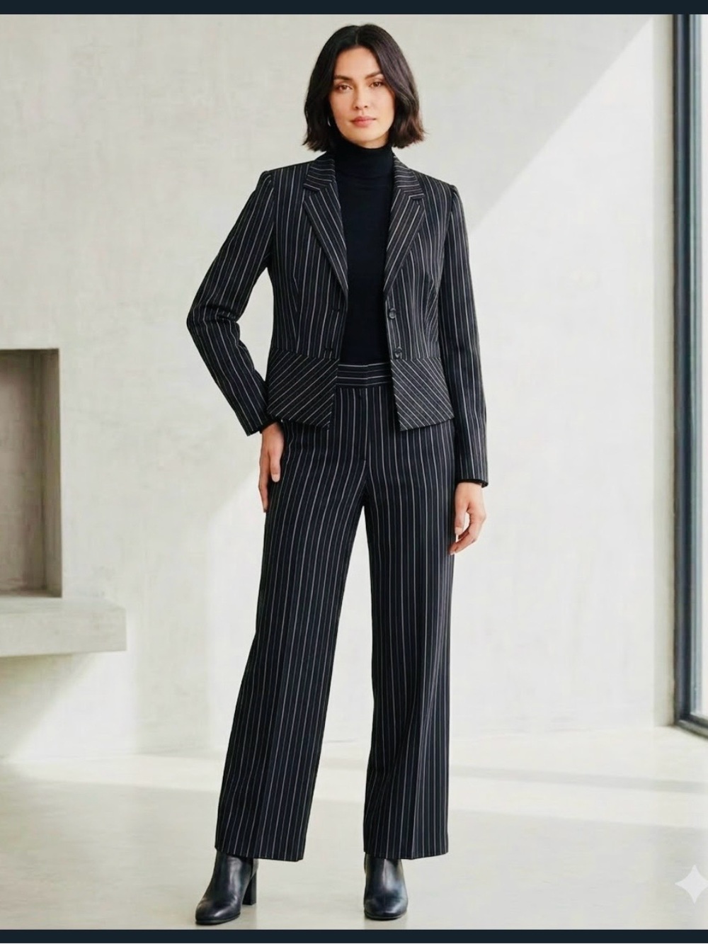 Sag Harbor petite Black Pinstripe Wide-Leg Suit Pants